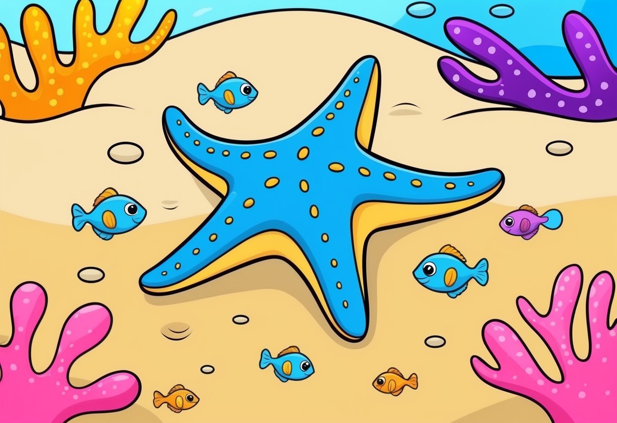 A starfish resting on a sandy ocean floor, surrounded by colorful coral and small fish swimming nearby