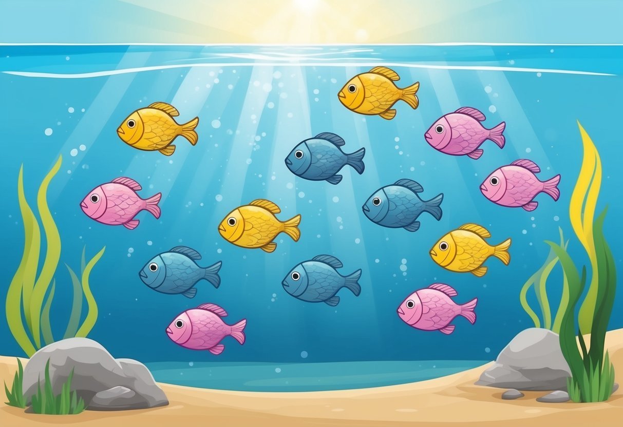 A school of colorful fish swimming in a clear, tranquil ocean. Sunlight filters through the water, casting a soft glow on the fish's scales