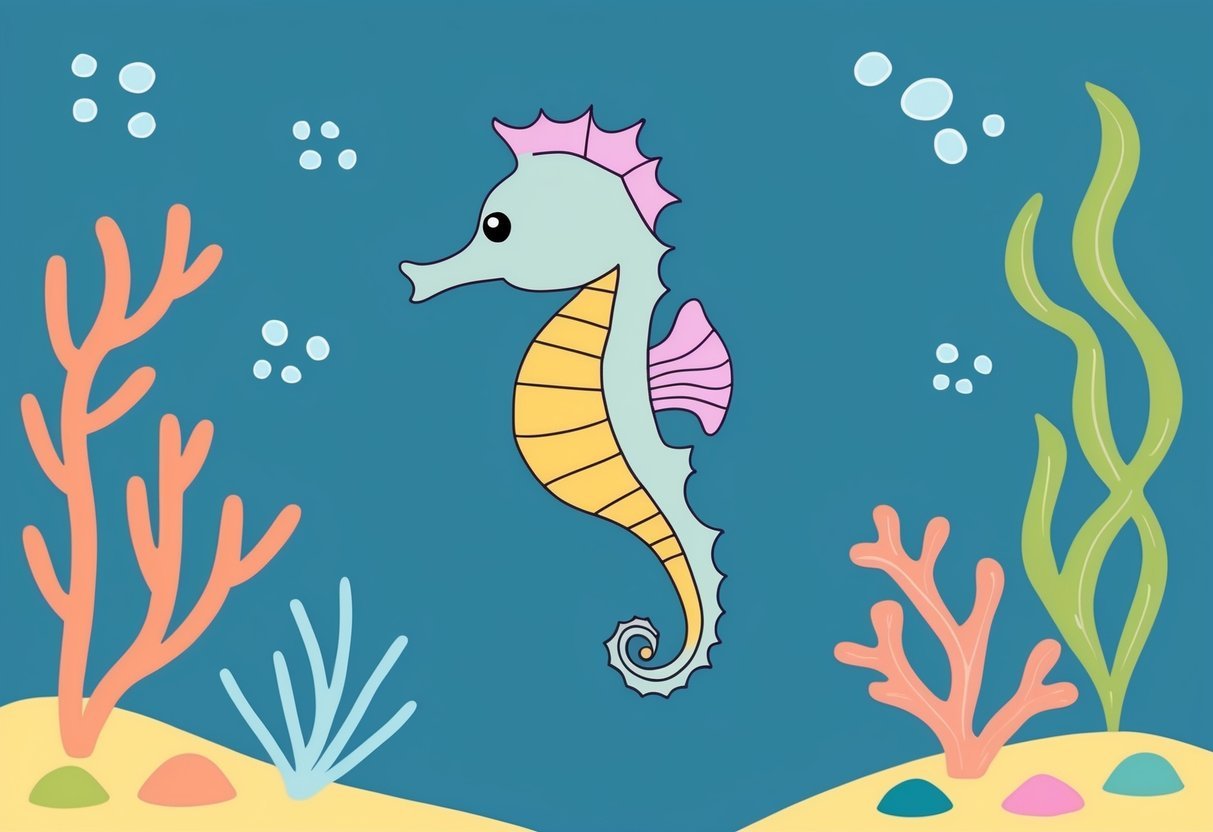 A dainty seahorse swimming among colorful coral and sea plants