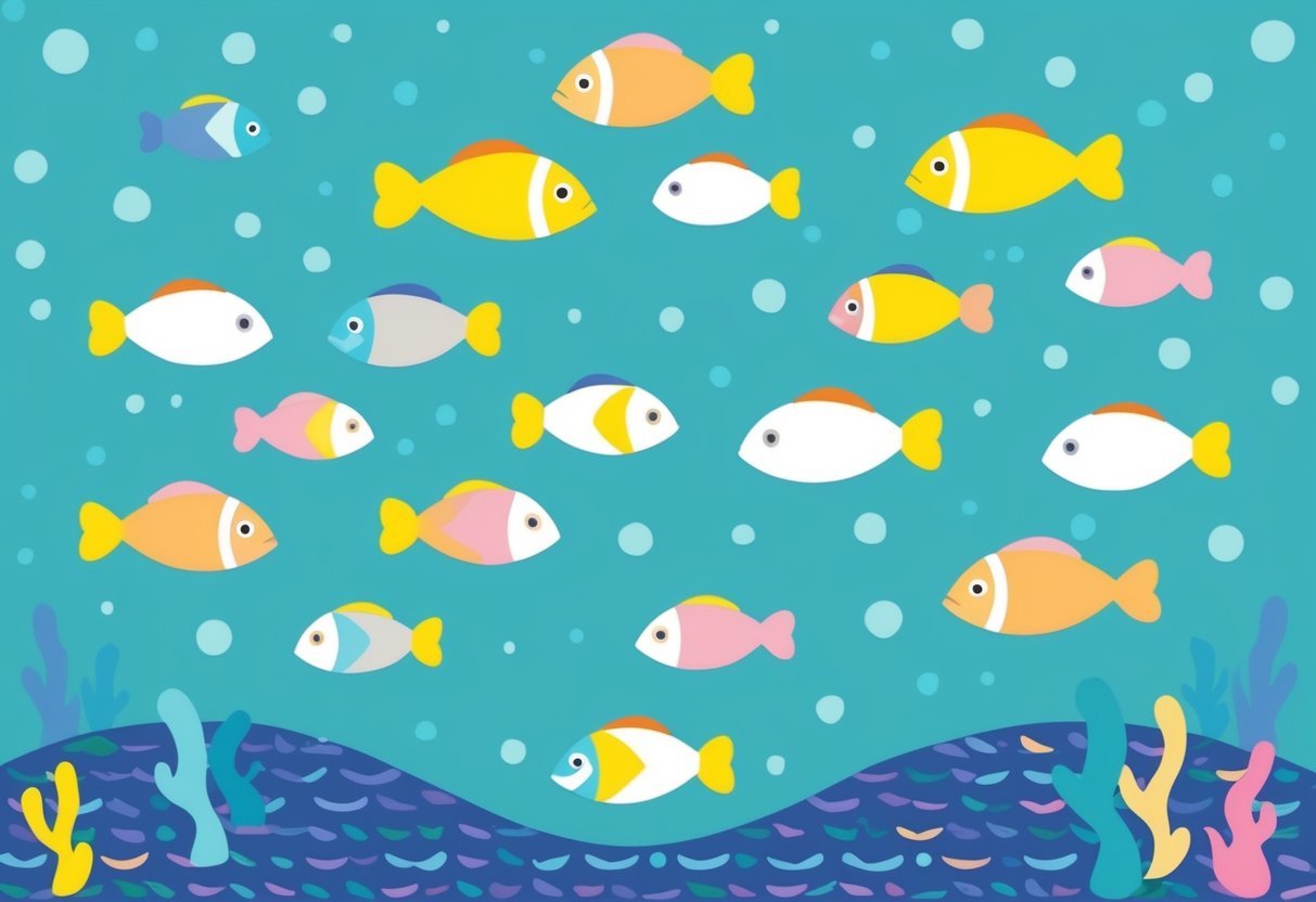 A school of colorful, abstract fish swimming in a patterned underwater world
