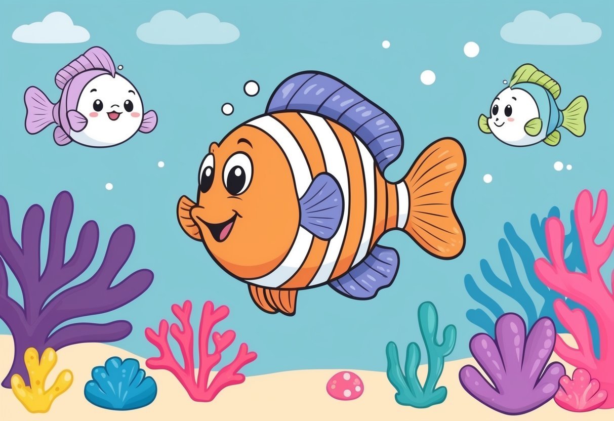 A whimsical blowfish floats among colorful coral, surrounded by other cute sea creatures