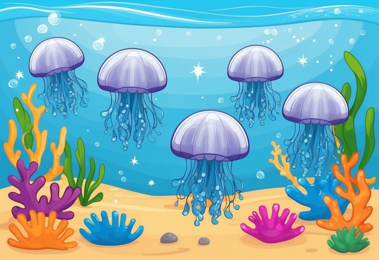 A group of tiny jellyfish float in a clear, sparkling ocean, surrounded by colorful coral and seaweed