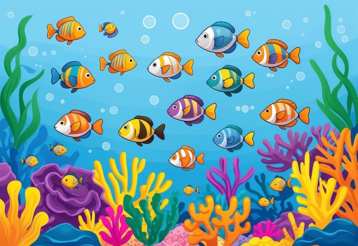 A vibrant coral reef teeming with colorful fish of various shapes and sizes, swimming among the swaying seaweed and bright, tropical plants