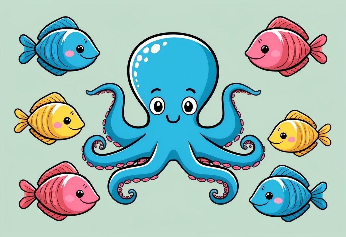 An octopus surrounded by a school of colorful and cute fish, all with friendly expressions