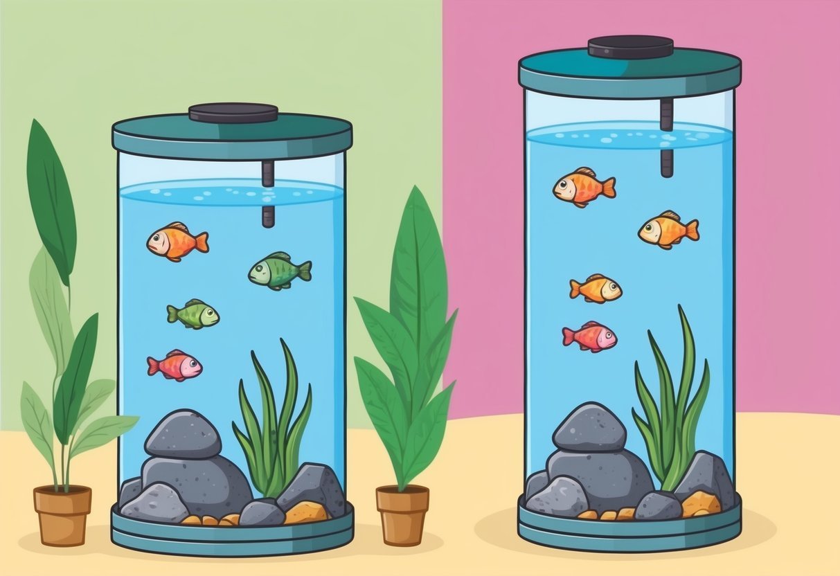A vertical fish tank with colorful fish, plants, and rocks