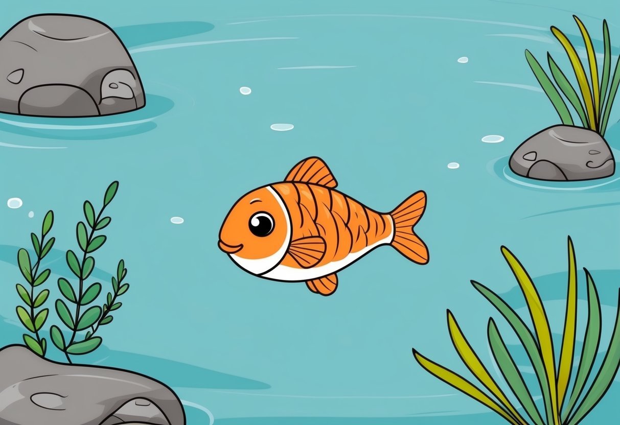 A small fish swimming in a clear, calm pond, surrounded by aquatic plants and rocks