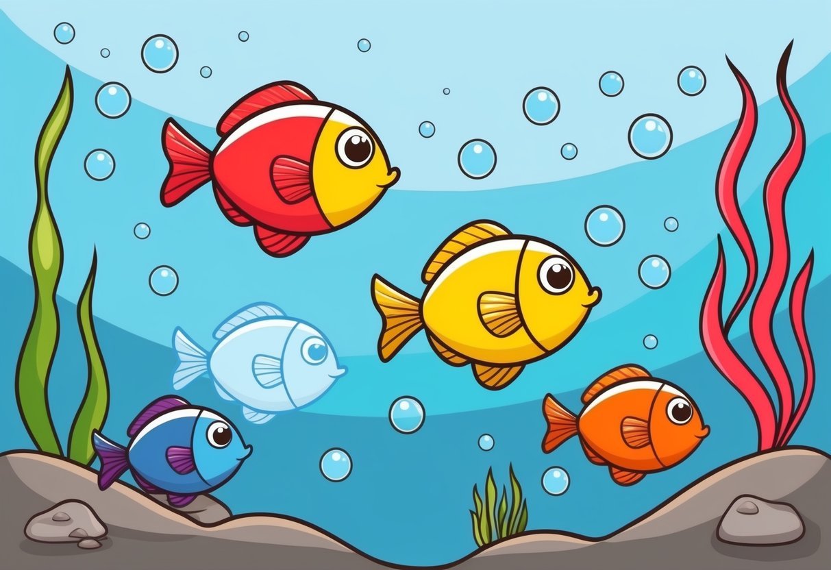 Colorful fish swimming among bubbles in a serene underwater scene