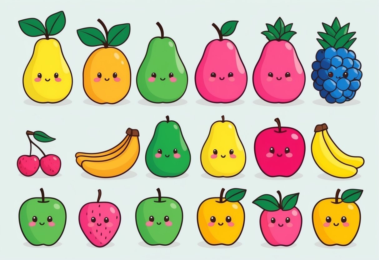 A group of cartoonish fruits arranged in a playful and colorful manner, with exaggerated features and cute expressions