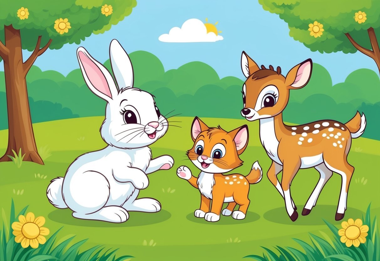 A fluffy bunny, a playful kitten, and a curious baby deer frolicking in a sun-dappled meadow