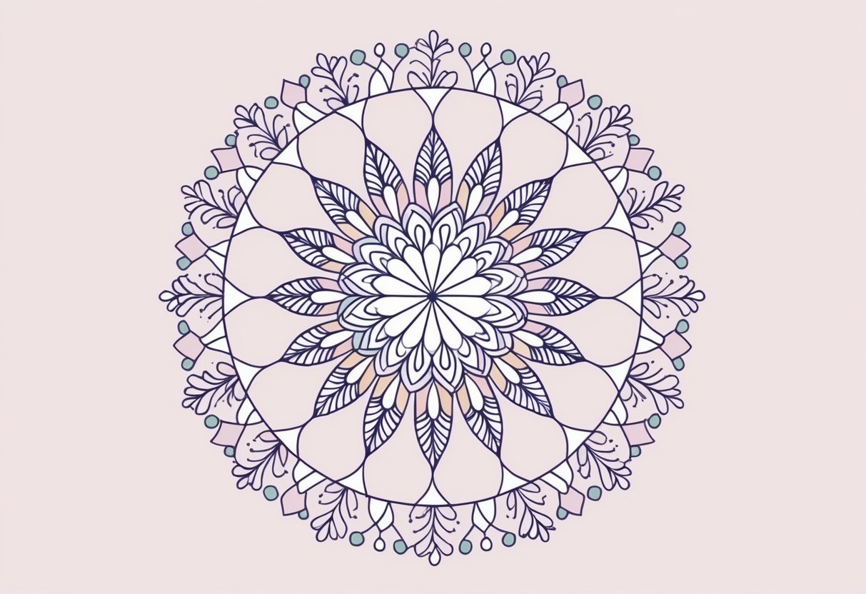 A circular mandala design featuring delicate floral patterns and geometric shapes in pastel colors