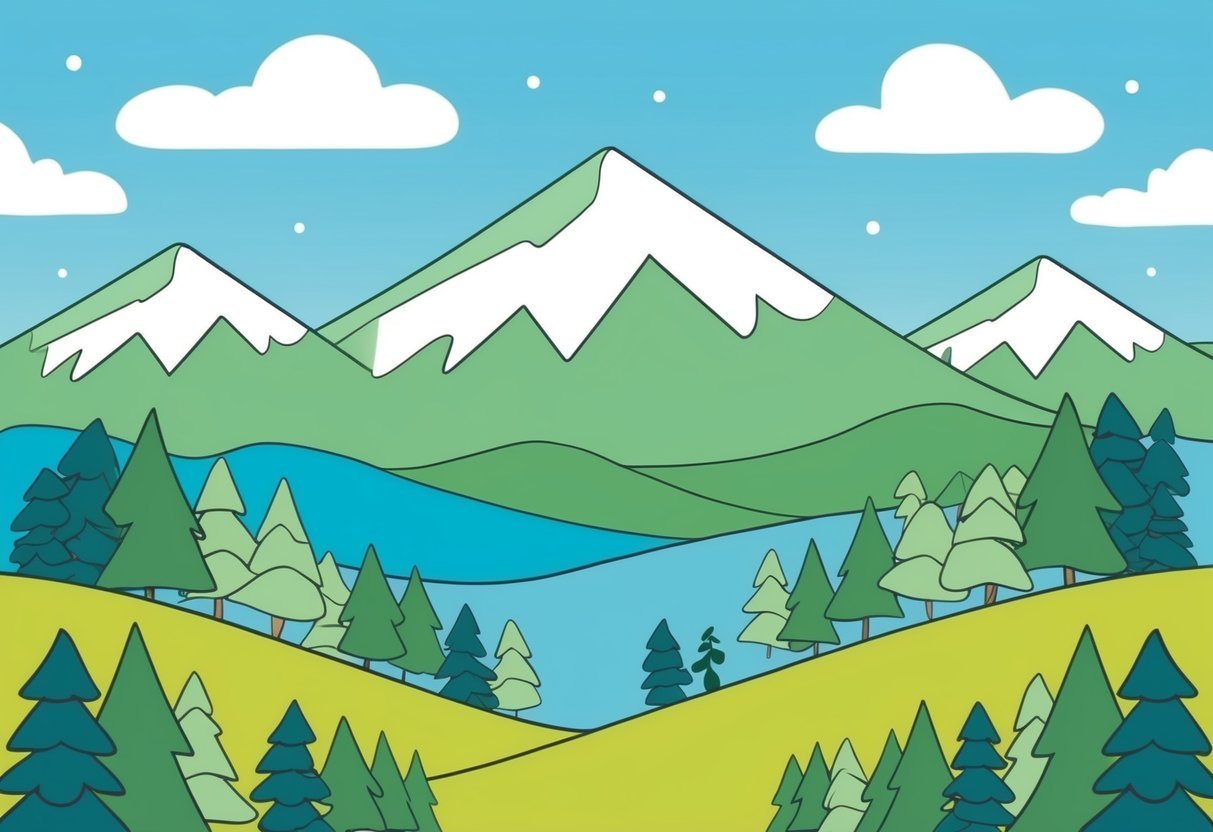 A serene mountain landscape with rolling hills, pine trees, and a clear blue sky
