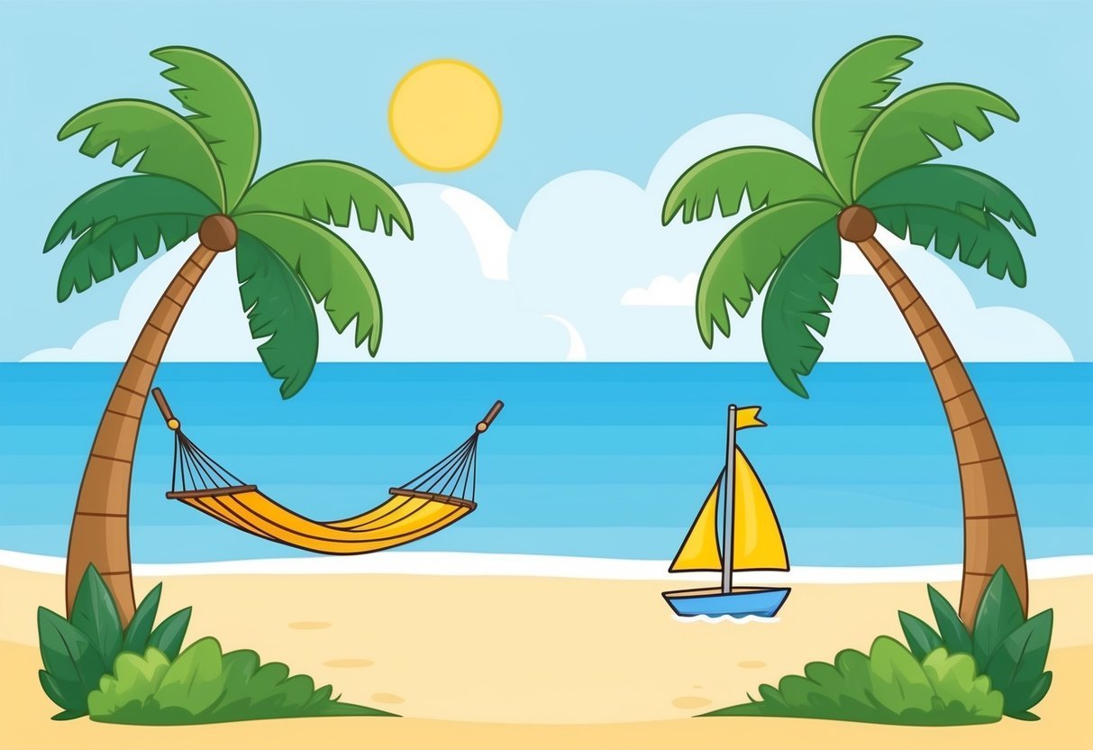 A serene beach with palm trees, a hammock, and a small sailboat on the calm blue water