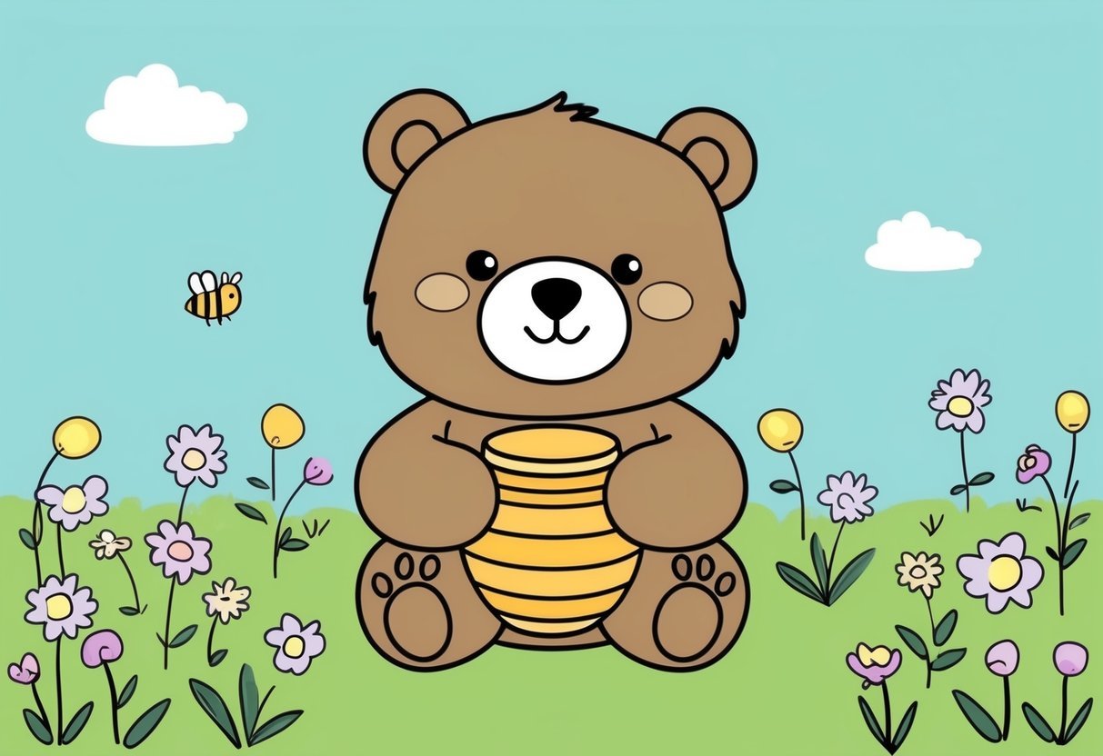 A cute bear sitting in a field of flowers, holding a honey pot with a smile on its face