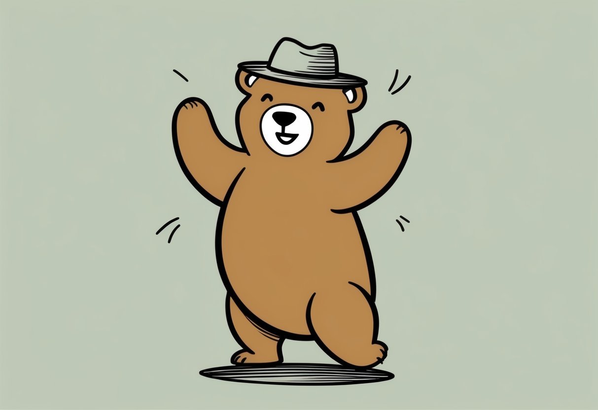 A bear wearing a hat, standing on two legs, and dancing with a joyful expression on its face