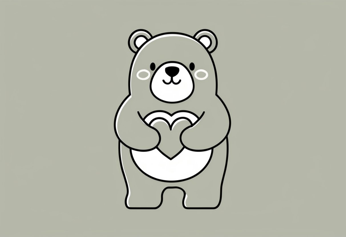 A chubby bear standing on two legs, holding a heart with a warm and friendly expression on its face