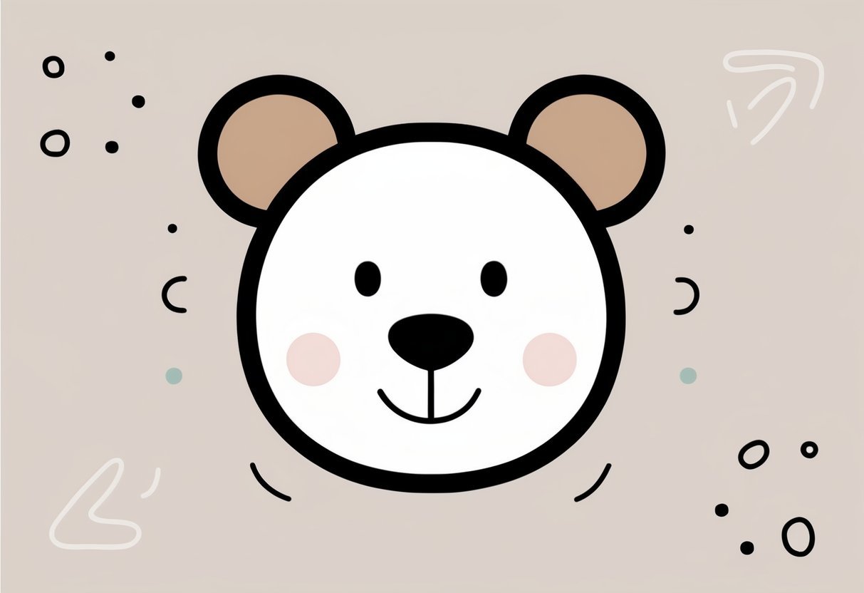 A smiling cartoon bear face with round ears and a cute nose, surrounded by simple, playful elements