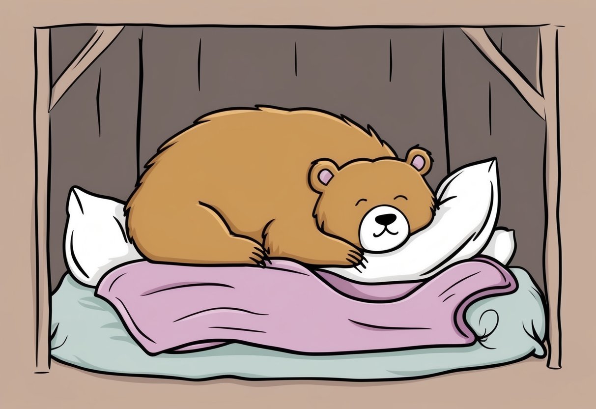 A chubby bear peacefully snoozing in a cozy den surrounded by soft pillows and a warm blanket