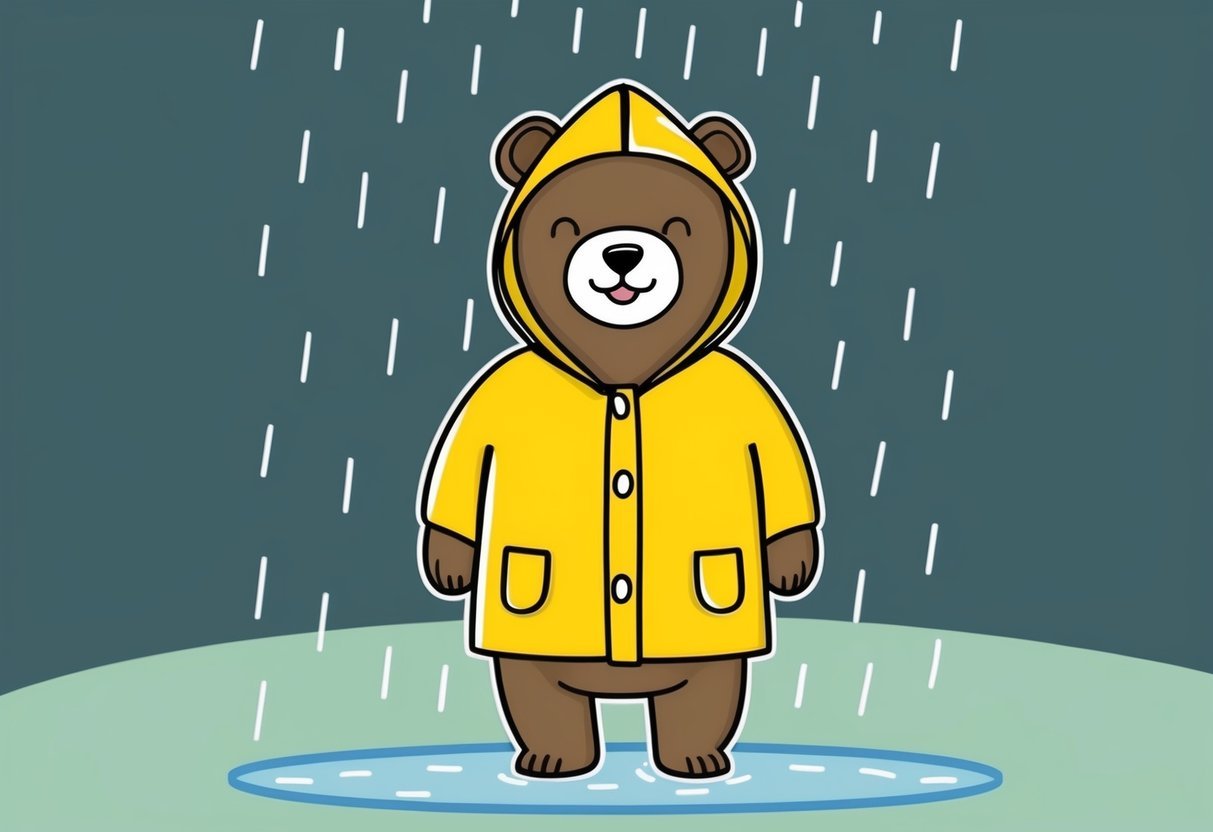 A bear wearing a yellow raincoat, standing in the rain with a happy expression on its face