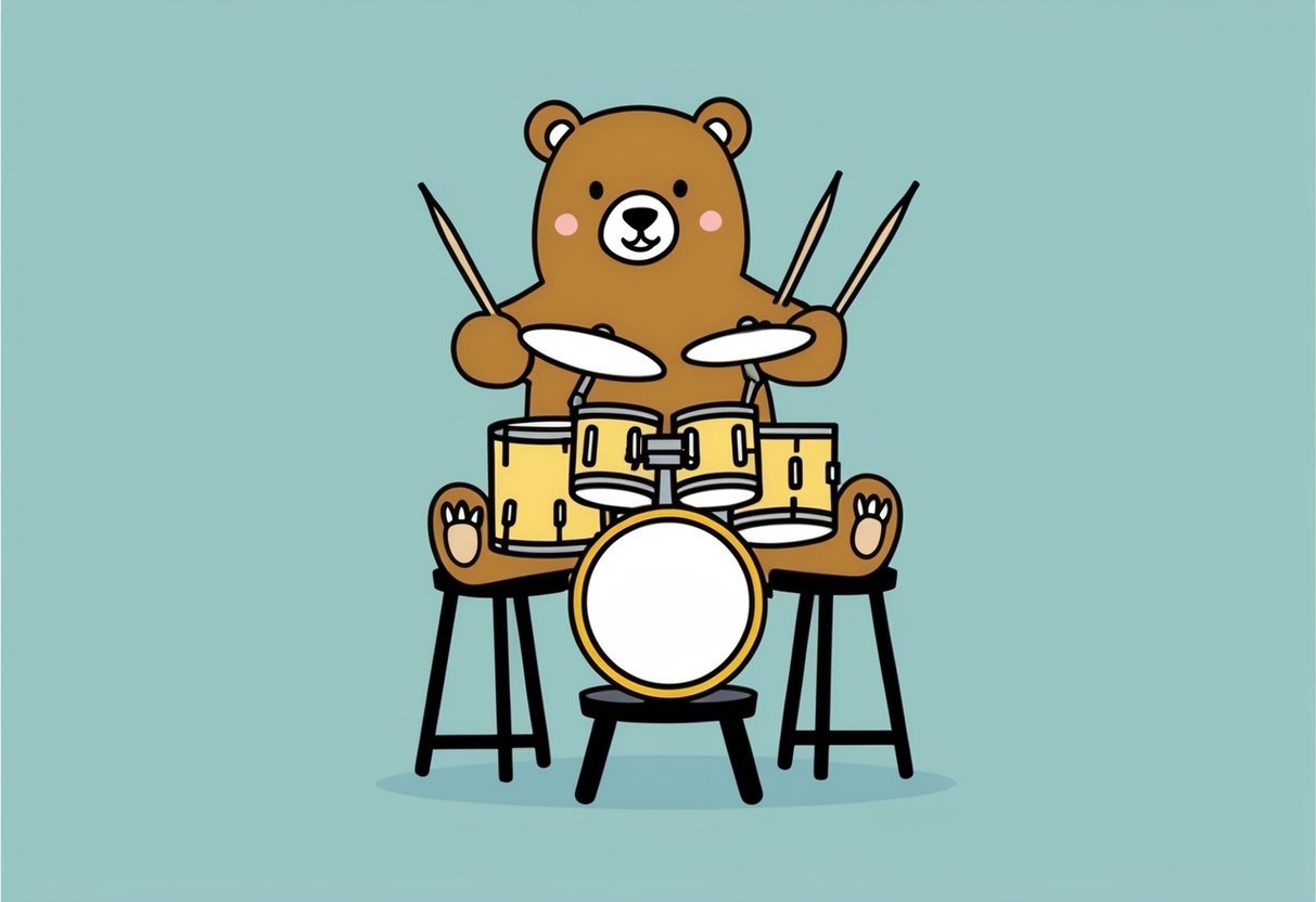 A bear sitting on a stool, happily playing a set of drums with drumsticks in its paws