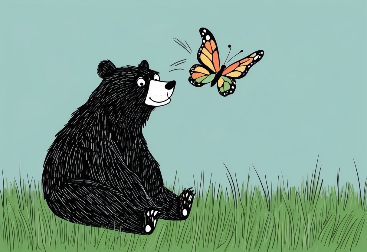 A bear sits in a grassy meadow, smiling as it playfully swats at a colorful butterfly fluttering around its nose