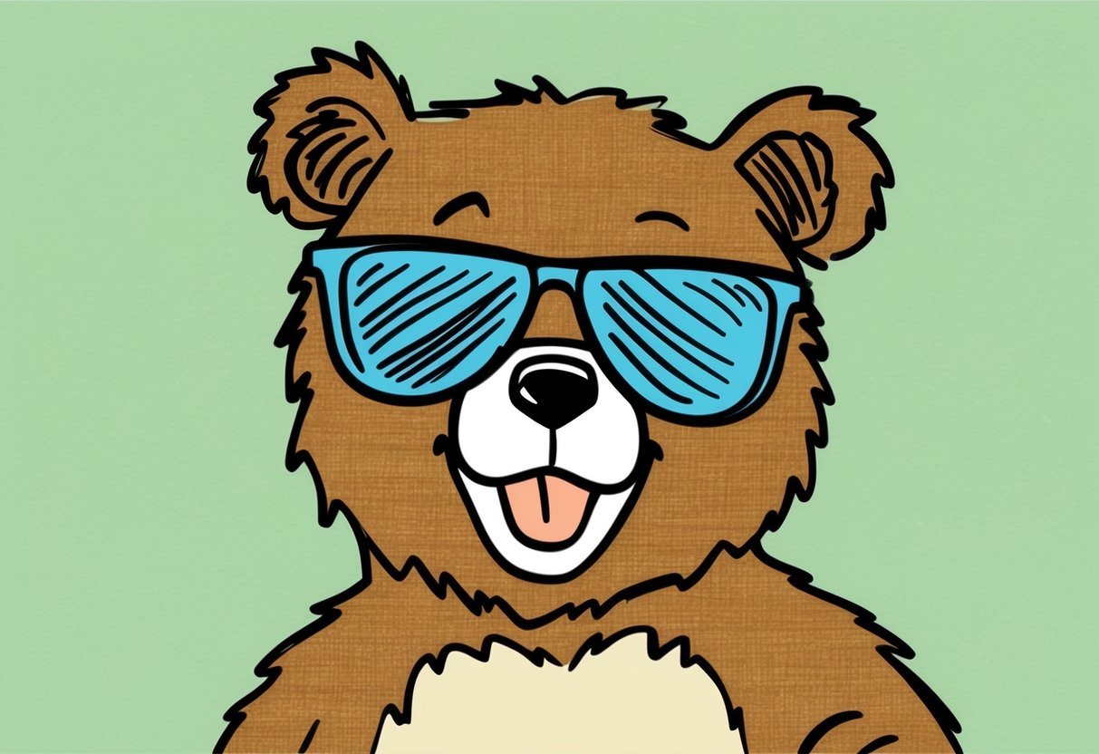 A bear with sunglasses smiling in a relaxed pose