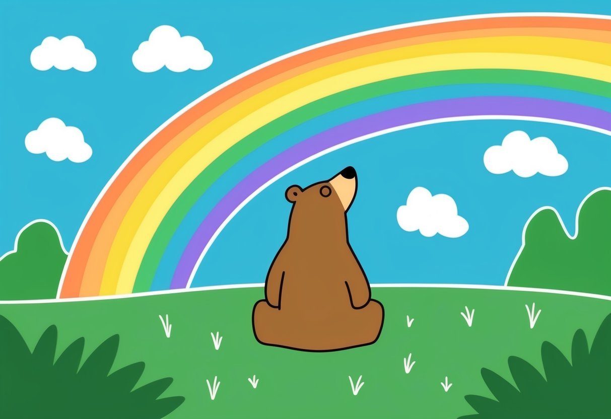 A bear sitting in a lush green meadow, gazing up at a vibrant rainbow arcing across a blue sky