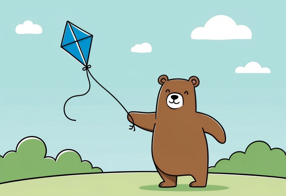 A bear with a smile on its face, standing on its hind legs, holding a kite string as the kite flies in the sky