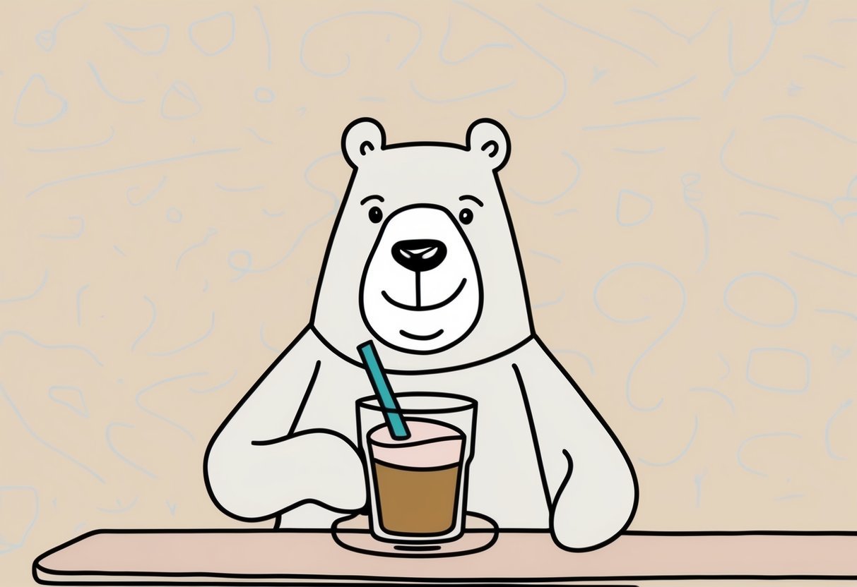 A bear sitting at a table, holding a smoothie glass with a straw, smiling