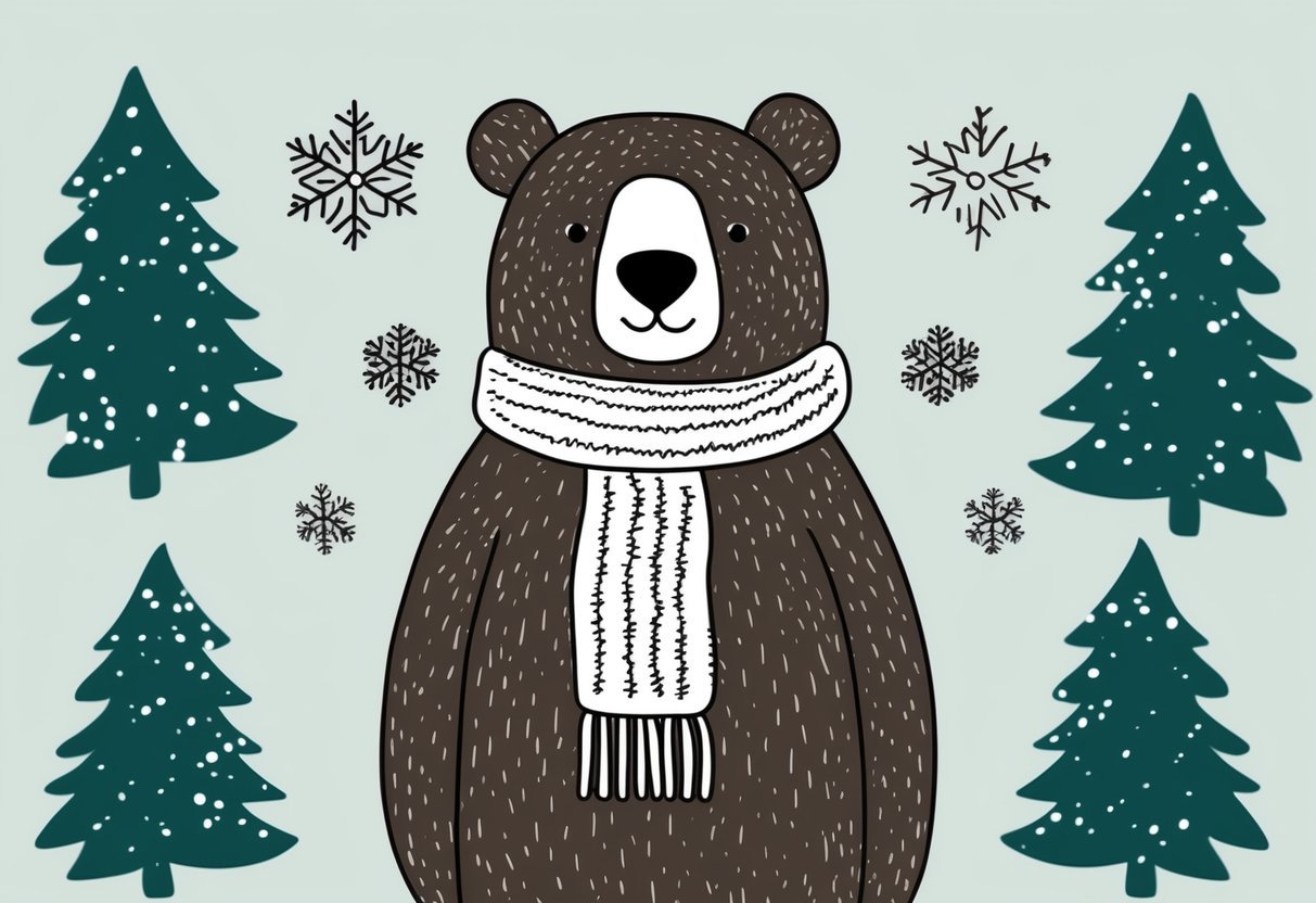 A bear wearing a cozy winter scarf, surrounded by snowflakes and pine trees