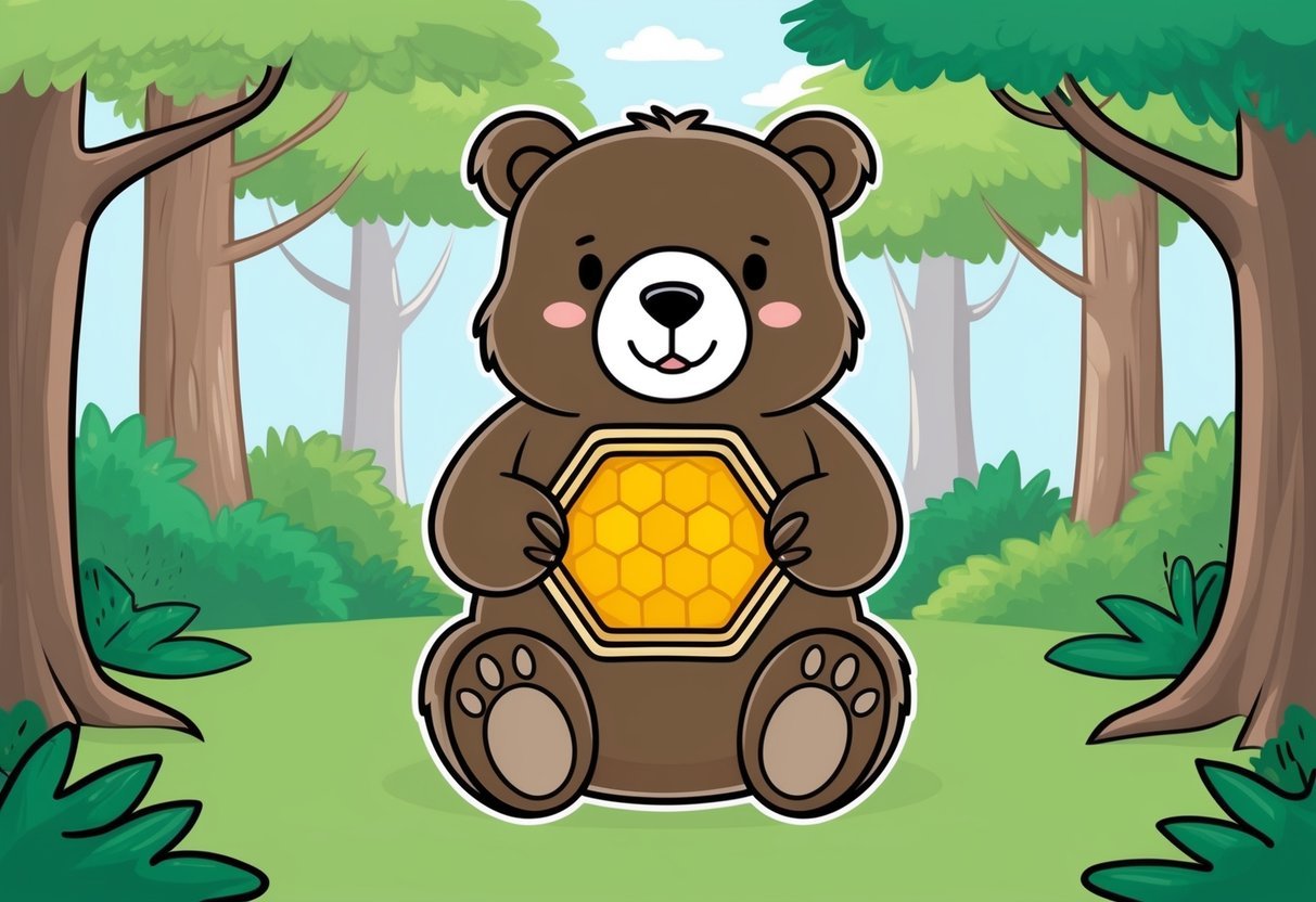 A bear sitting in a lush forest, holding a honeycomb with a content expression on its face