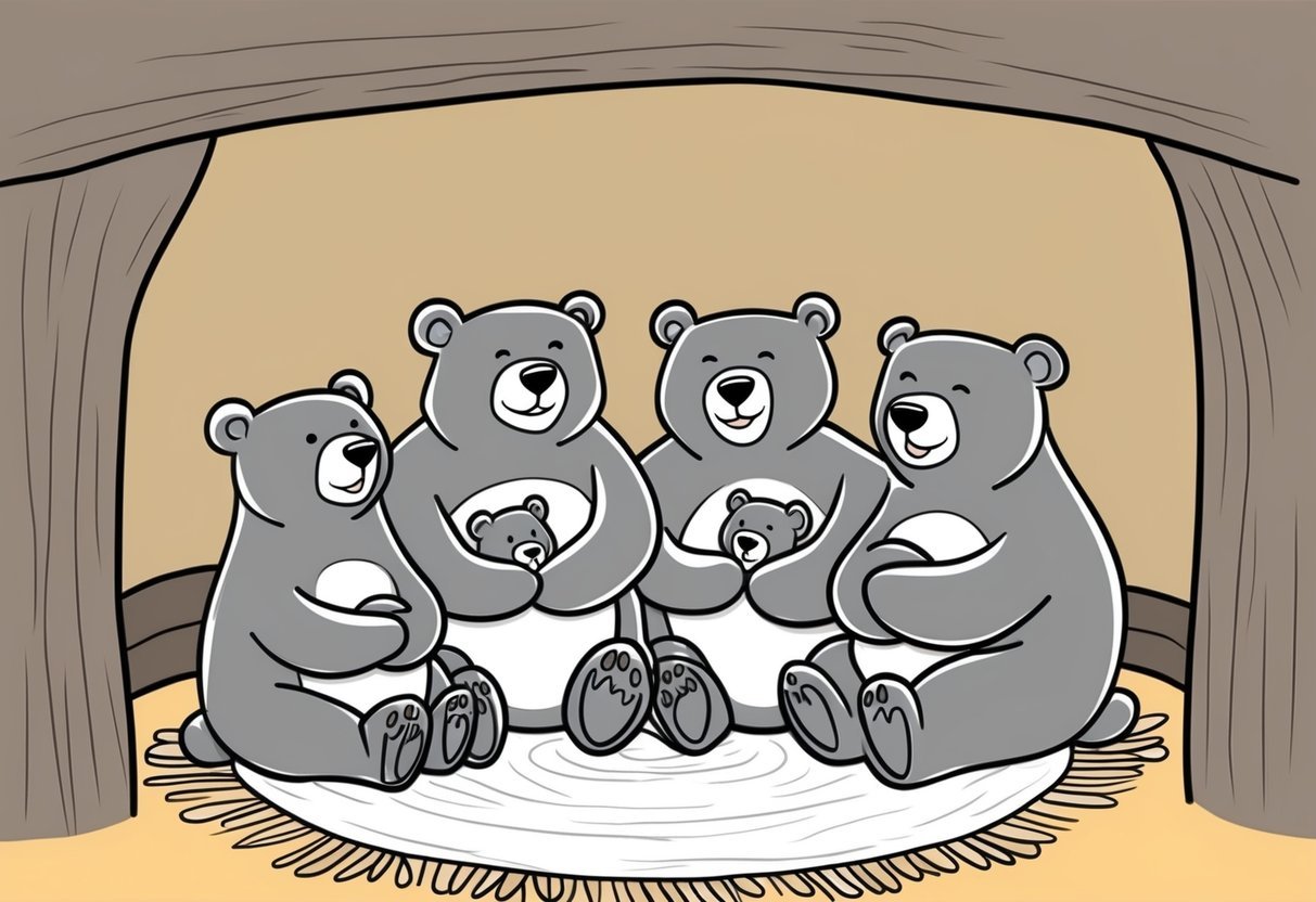 A family of bears sitting together in a cozy den, smiling and hugging each other