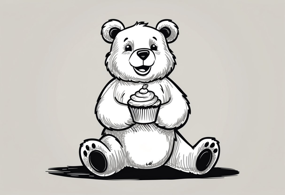 A bear sitting on its hind legs, holding a cupcake in its paws and looking at it with a happy expression