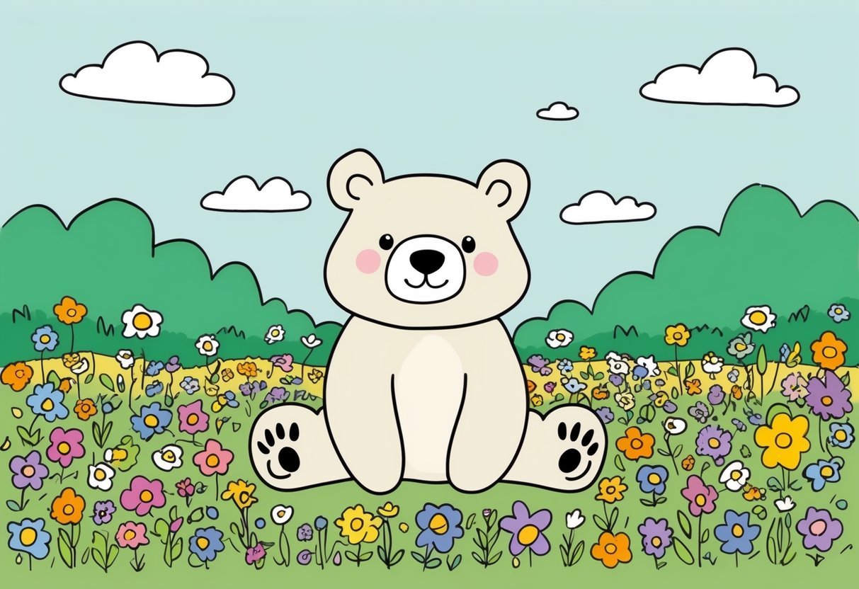 A bear sitting in a field of colorful flowers, surrounded by a peaceful and serene atmosphere