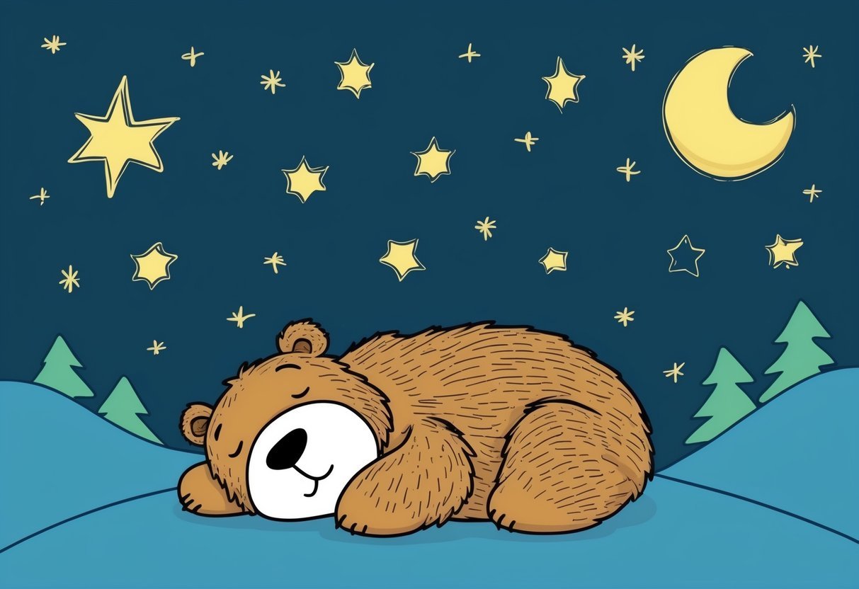 A sleepy bear lies on its back under a starry night sky, surrounded by twinkling stars and a crescent moon