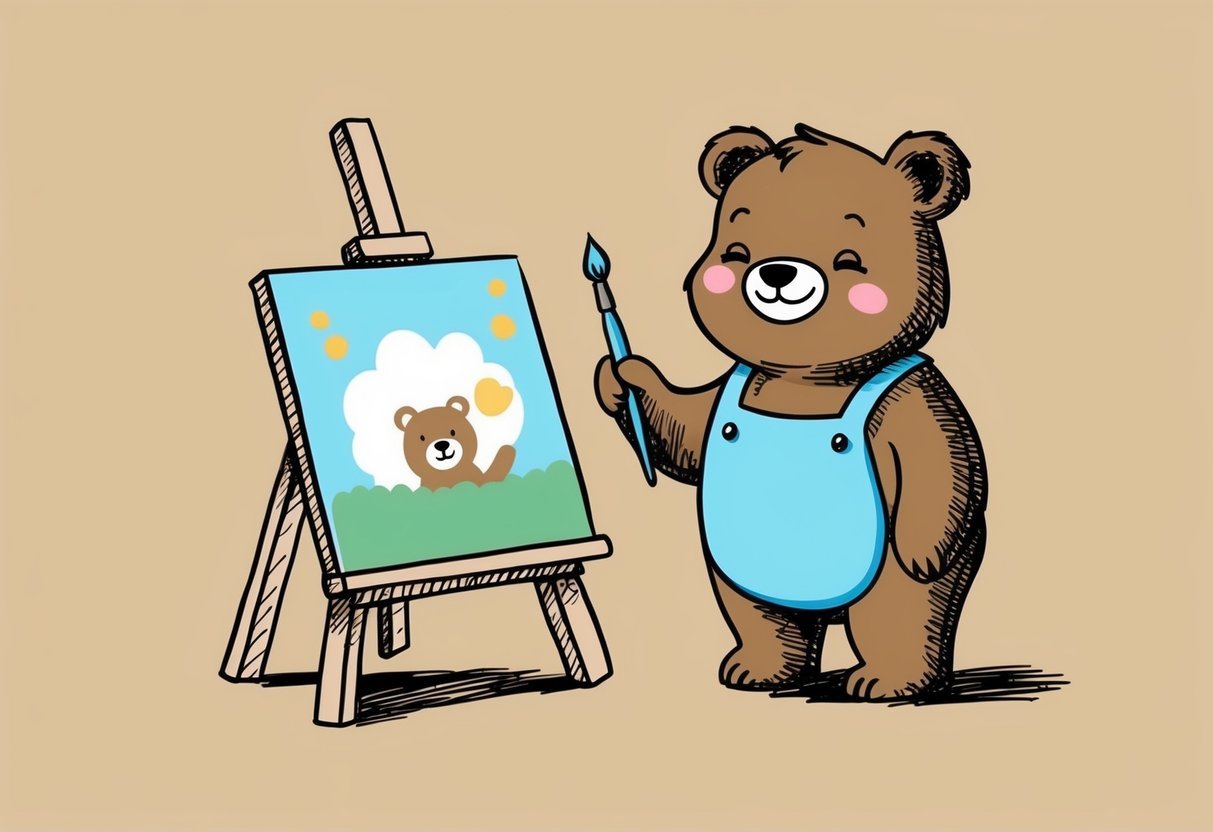 A bear stands next to an easel, holding a paintbrush and smiling as it works on a cute and simple painting