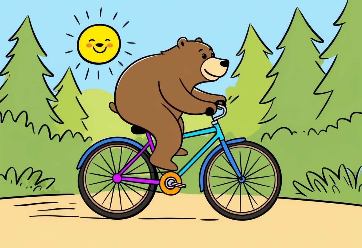 A bear riding a colorful bicycle through a sunny forest, with a happy expression on its face