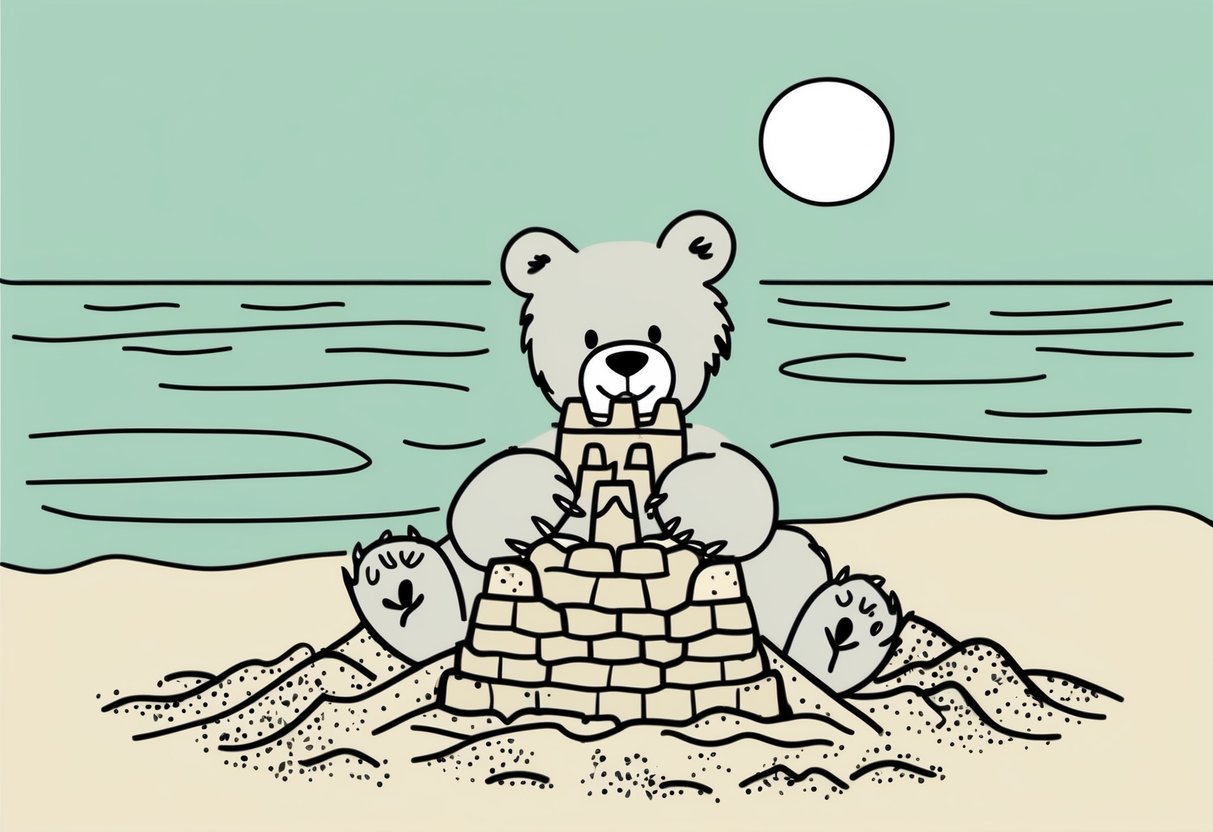 A bear using its paws to build a sandcastle on the beach