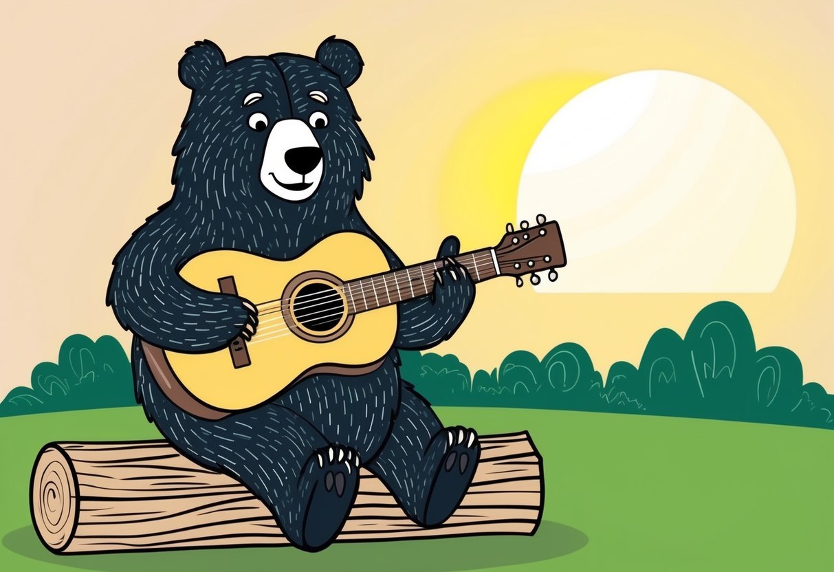 A bear sitting on a log, strumming a guitar with a peaceful expression. The sun is setting, casting a warm glow on the scene