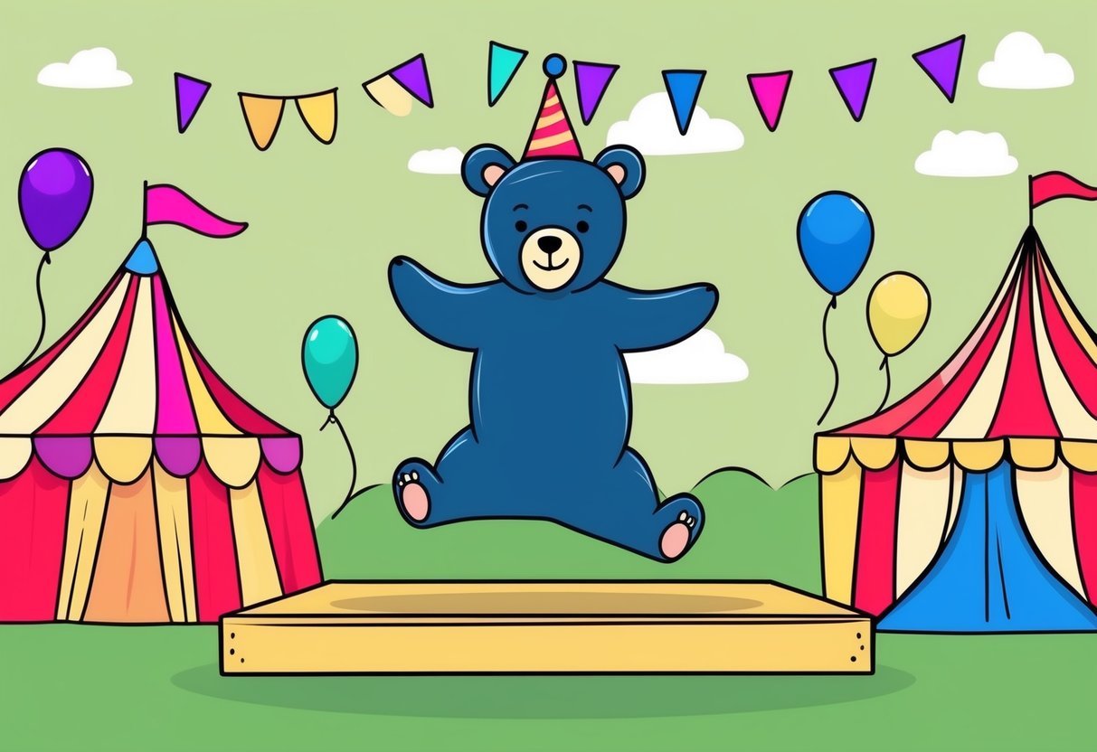 A circus bear balances on a small platform, with a colorful backdrop of circus tents and balloons in the background