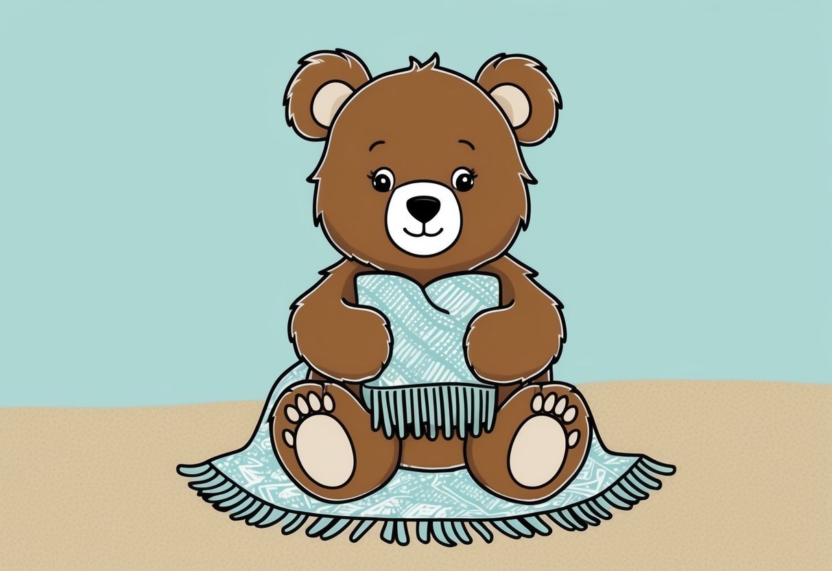 A baby bear sitting on the ground, holding a cozy blanket in its paws