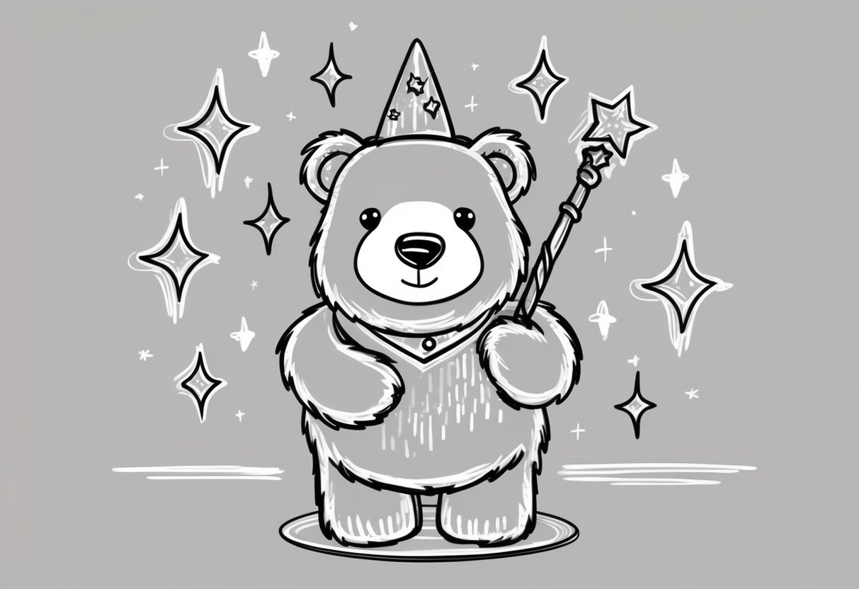 A magical bear holding a wand, surrounded by twinkling stars and sparkles