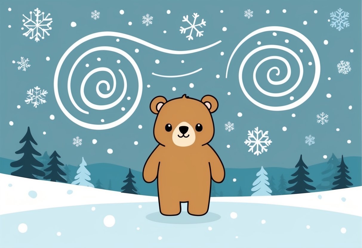A cute bear stands in a snowstorm, surrounded by swirling snowflakes and a snowy landscape