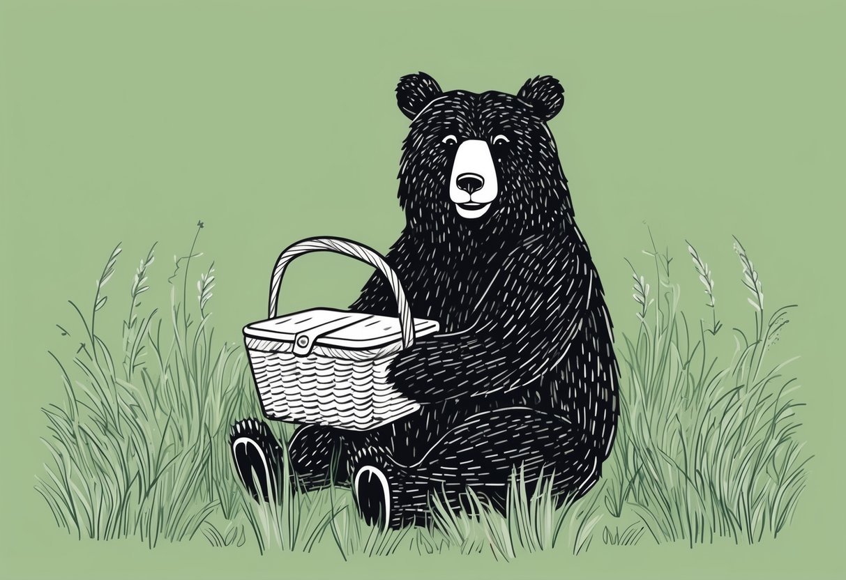 A bear sits in a grassy meadow, holding a picnic basket with a content expression