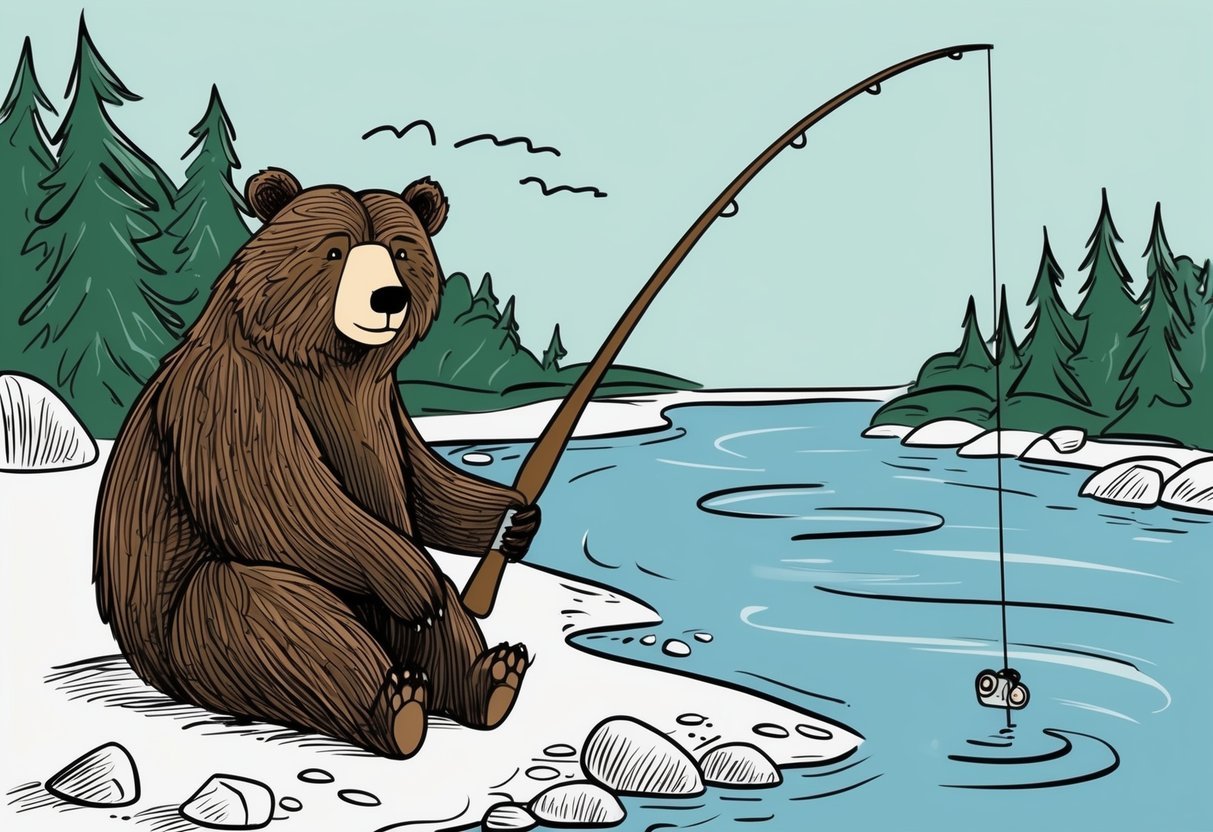 A bear sitting by a tranquil stream, holding a fishing rod with a serene expression
