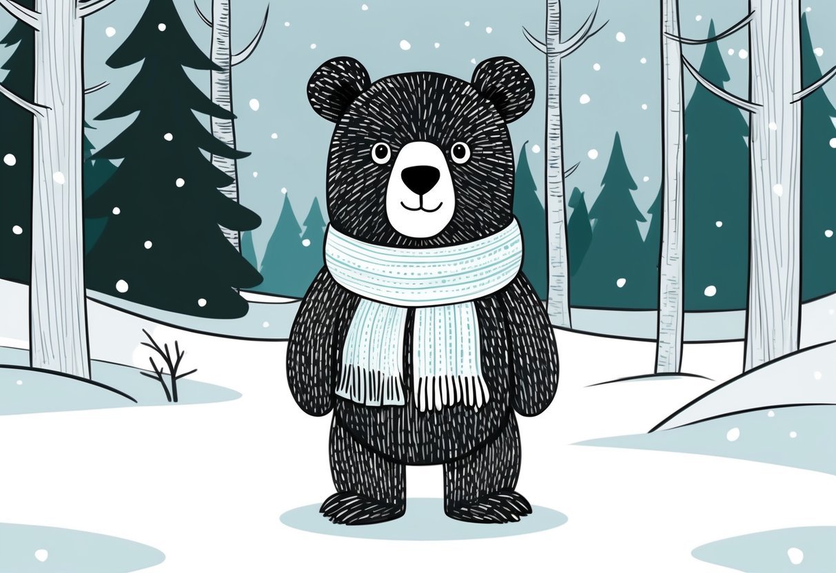 A bear wearing a cozy scarf, standing in a snowy forest