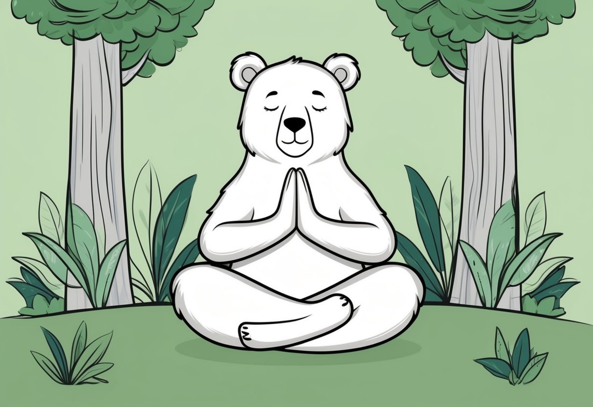 A bear sitting in a peaceful yoga pose, surrounded by nature with a serene expression on its face