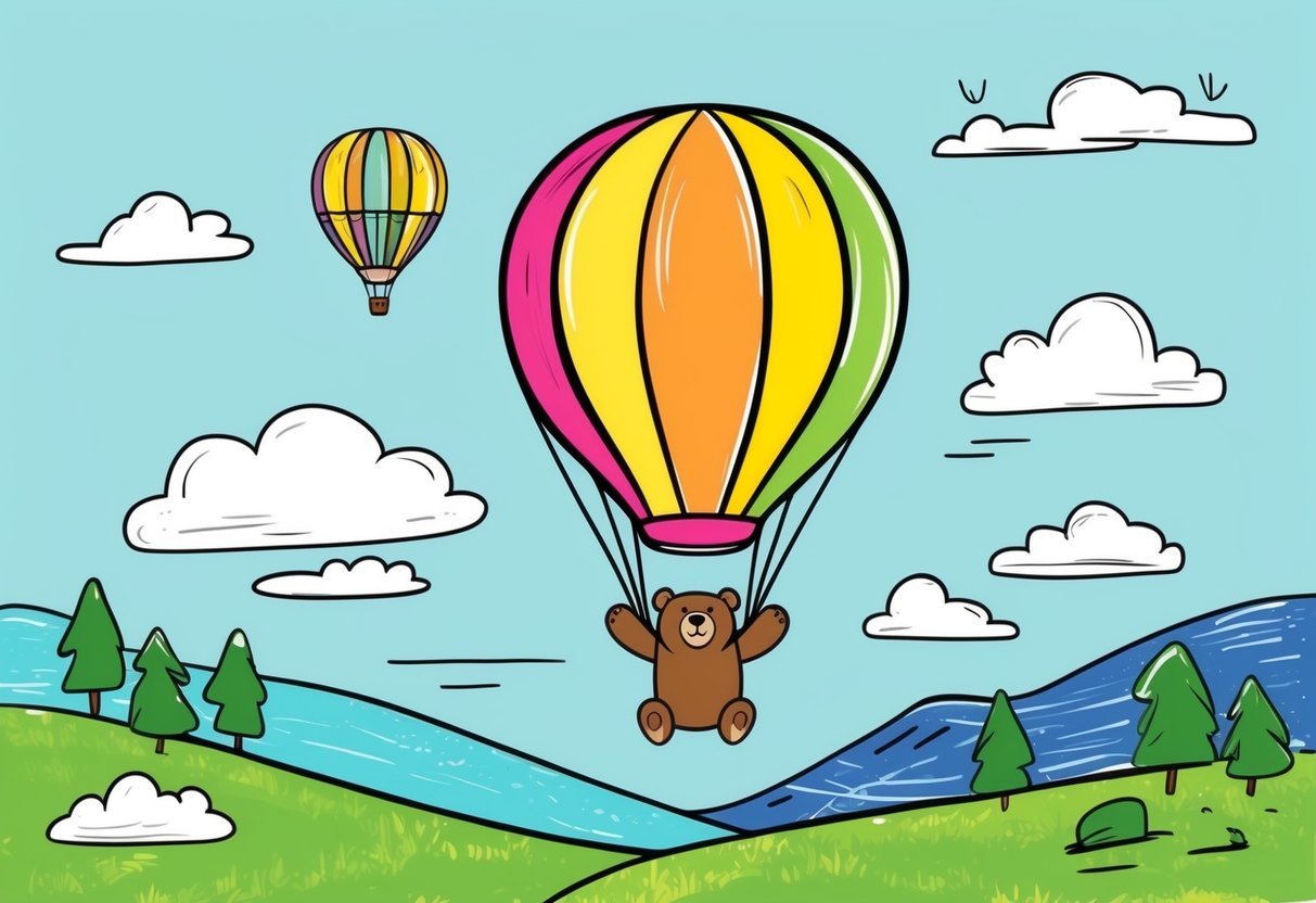 A bear joyfully floats in a colorful hot air balloon above a scenic landscape