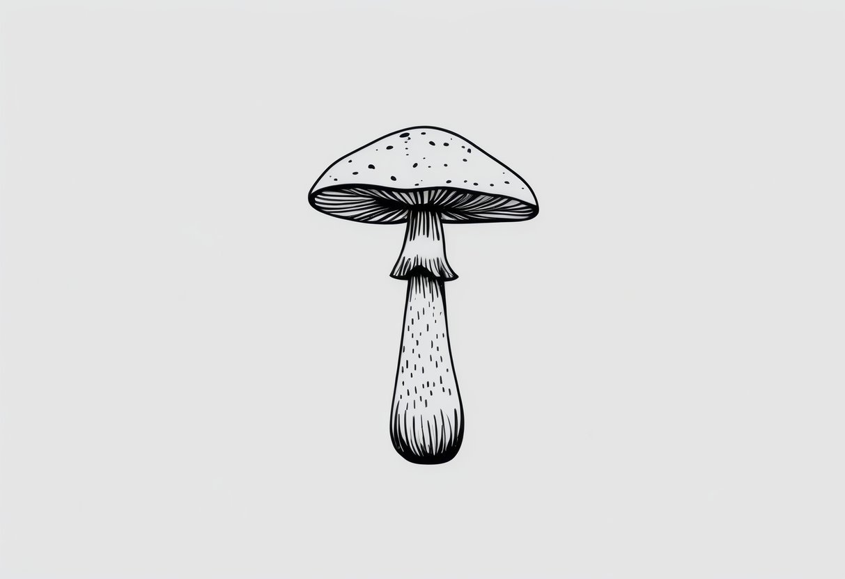 A solitary Delicate Ink Cap mushroom stands against a white background, with clean, minimalist lines and subtle shading