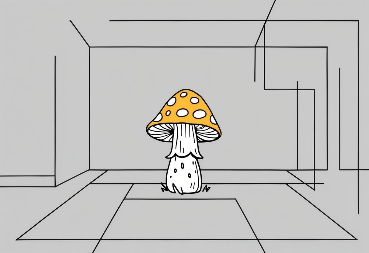 A single toadstool stands in a simple, minimalist setting, surrounded by clean lines and geometric shapes