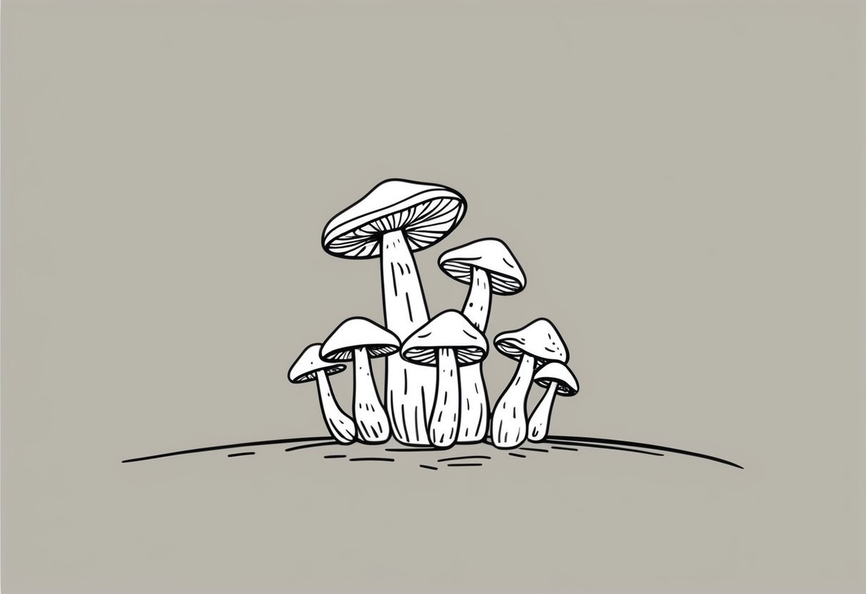 A small cluster of mushrooms arranged in a minimalist and sparse composition, with clean lines and simple shapes